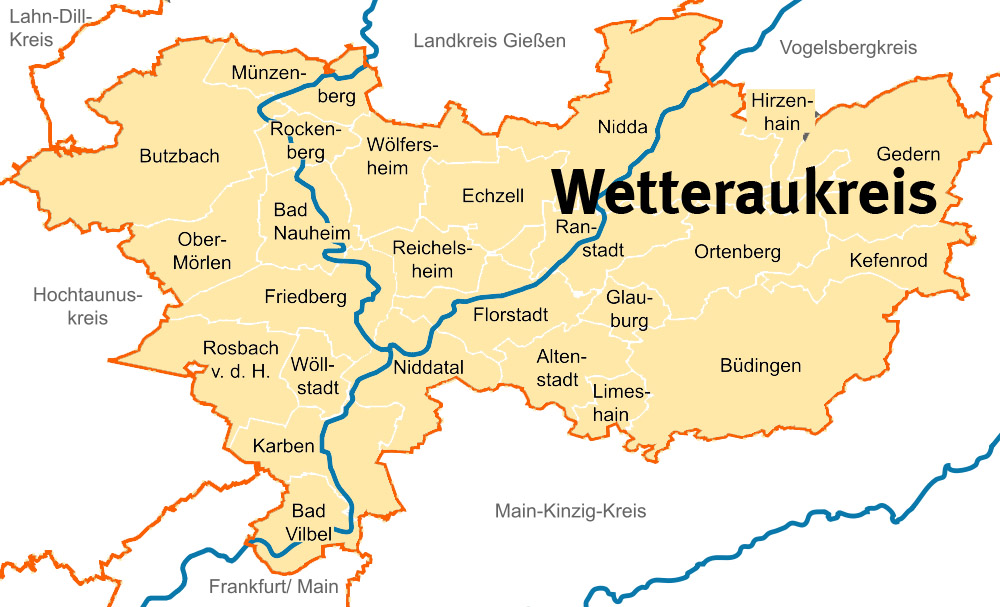 Kartographischer Ausschnitt der versorgten Region Wetterau SAPV-Team Palliativ Pro